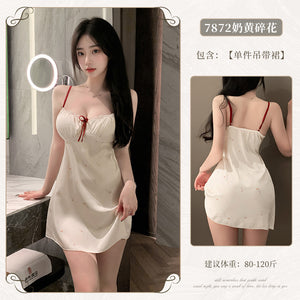 情趣内衣性感甜欲碎花含胸垫吊带深v睡裙(code：F80)