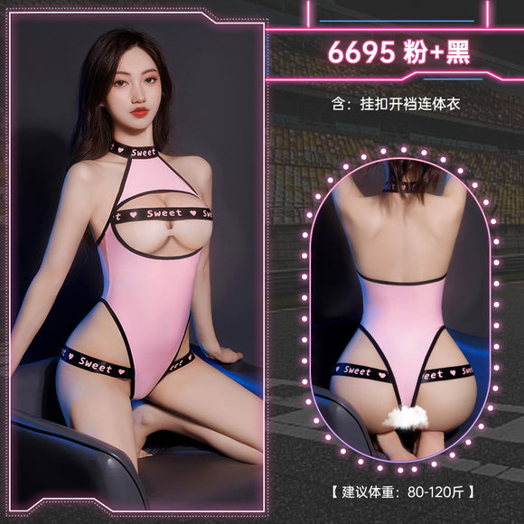 Sexy lingerie, sexy hollowed-out breast-exposing hidden button crotch jumpsuit (C35)