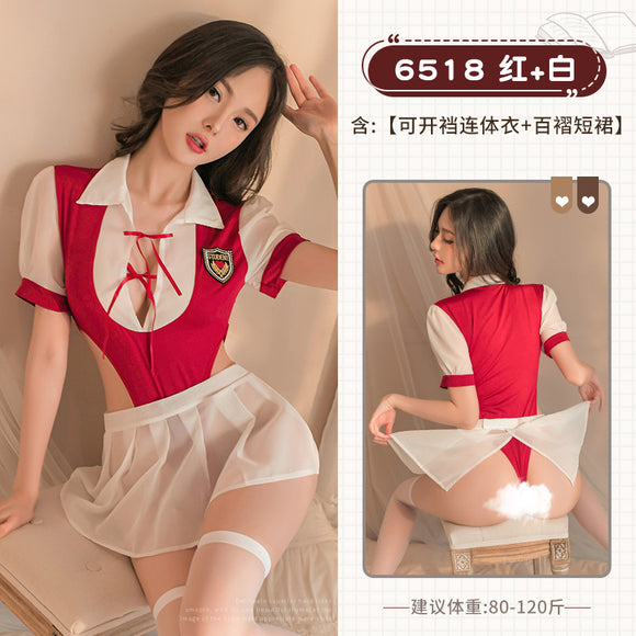 Erotic lingerie, sexy hidden button open crotch, pure desire college style suit (code: B21)