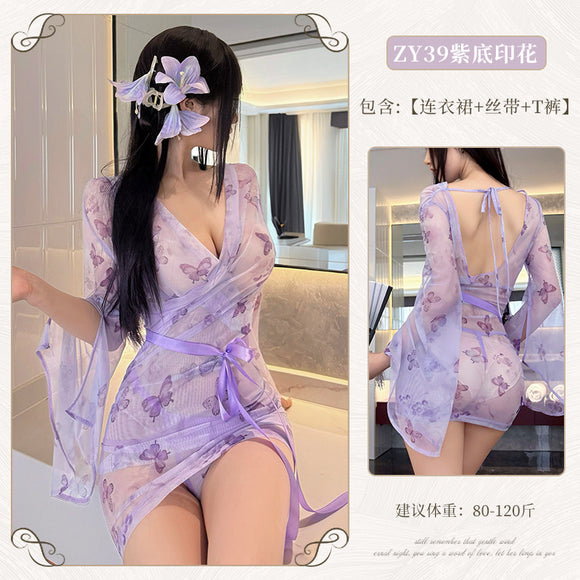 情趣内衣性感透视诱惑蝴蝶印花睡袍(code:E75)