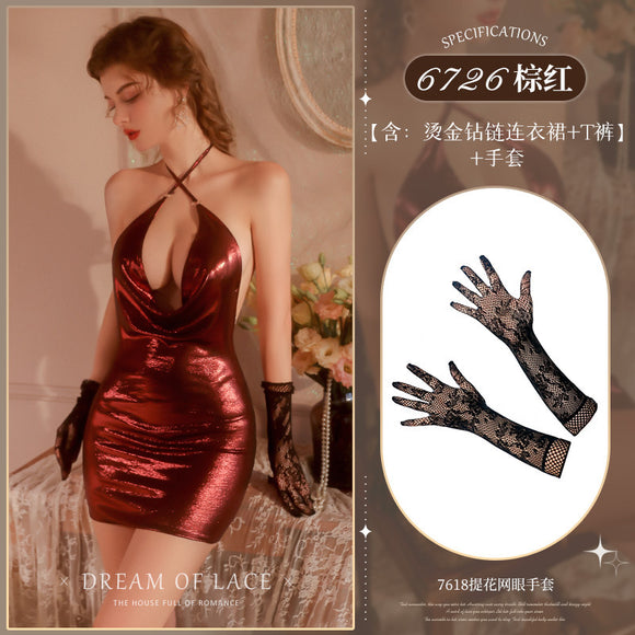 Sexy lingerie nightclub bronzing diamond chain waist sexy dress (CODE: C121)