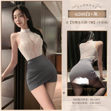 Sexy lingerie, sexy diamond chain decoration, exposed chest, shiny silk secretary skirt (code:156)