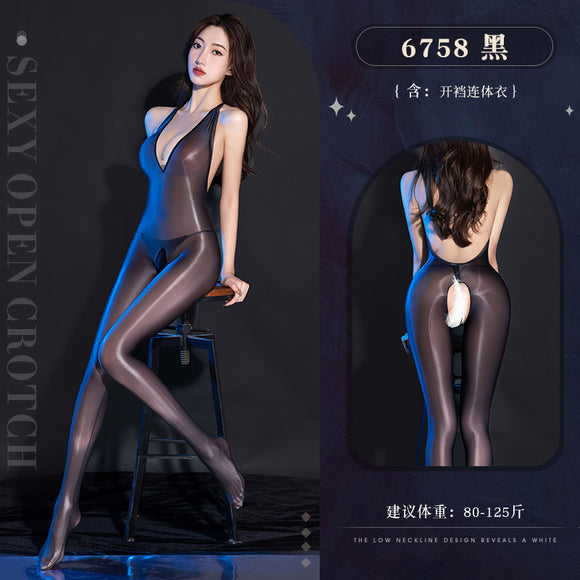 情趣内衣性感深V薄透油亮开裆连体衣（212）