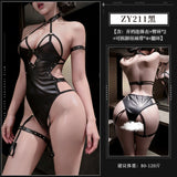 ZY211仿皮SM铆钉镂空露胸性感露背可开裆免脱连体衣