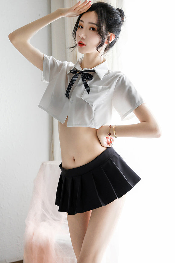 Sexy lingerie, sexy see-through student white shirt, collared rope bow uniform, tempting British plaid pleated skirt (B24)