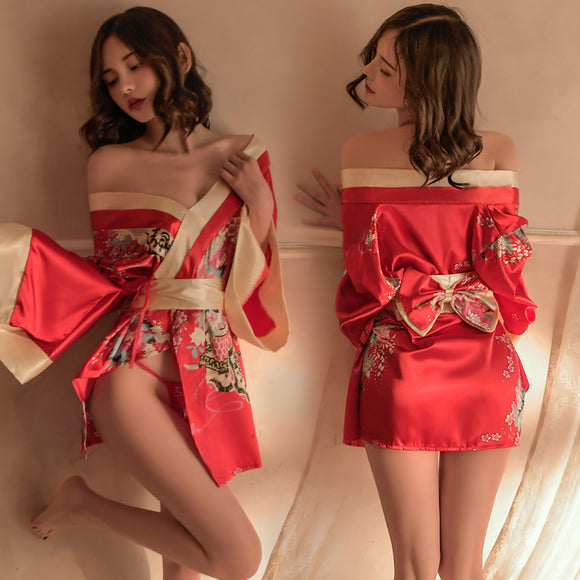 Sexy lingerie women's uniform temptation deep V printed Japanese kimono sexy suit (code: G105)