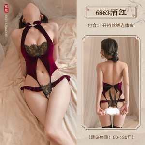 Velvet and lace crotchless one-piece sexy cheongsam lingerie (code:C37)