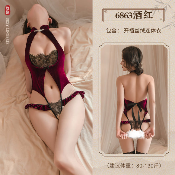 Velvet and lace crotchless one-piece sexy cheongsam lingerie (code:C37)